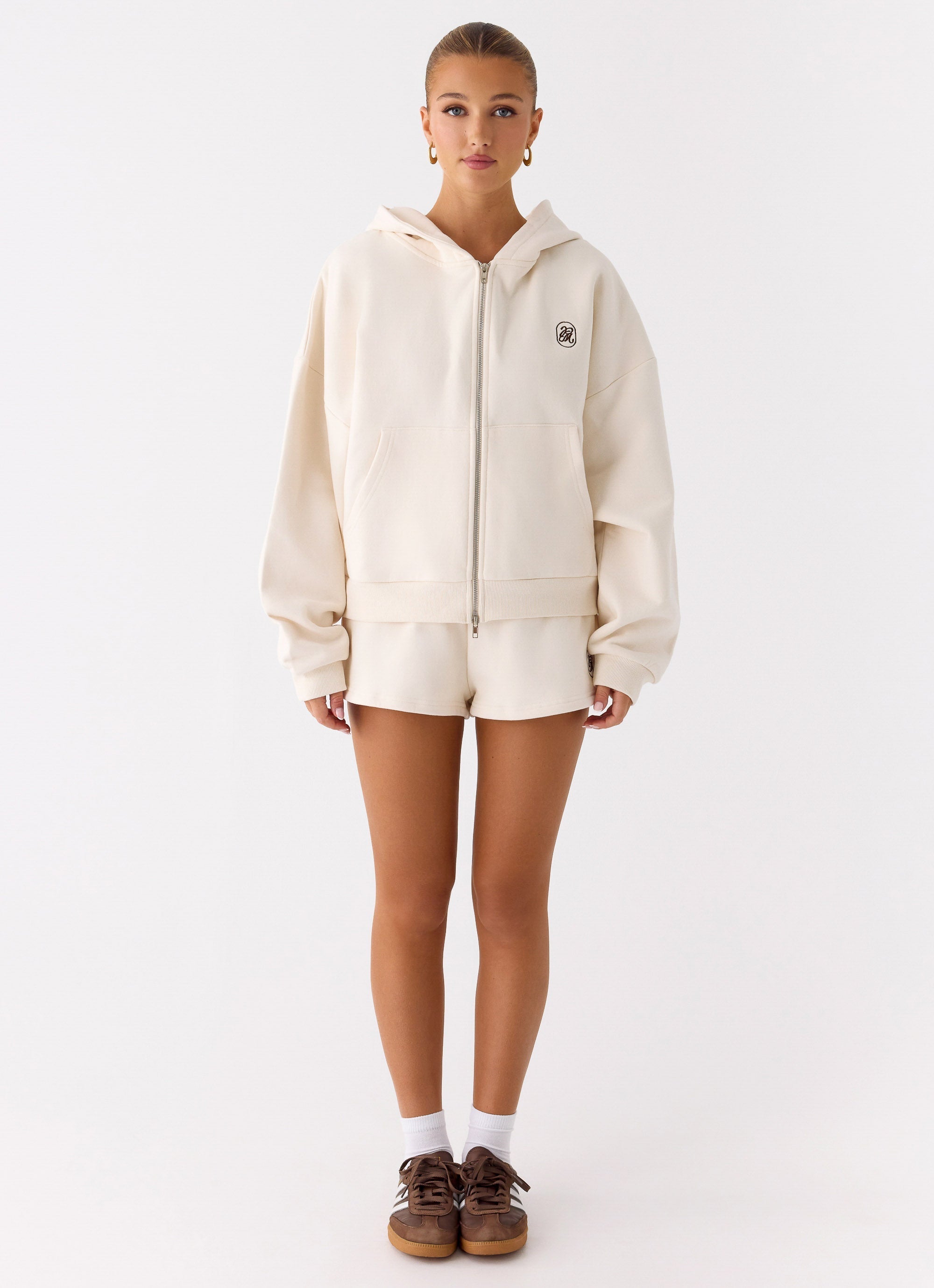Signature Double Zip Up Hoodie - Cream